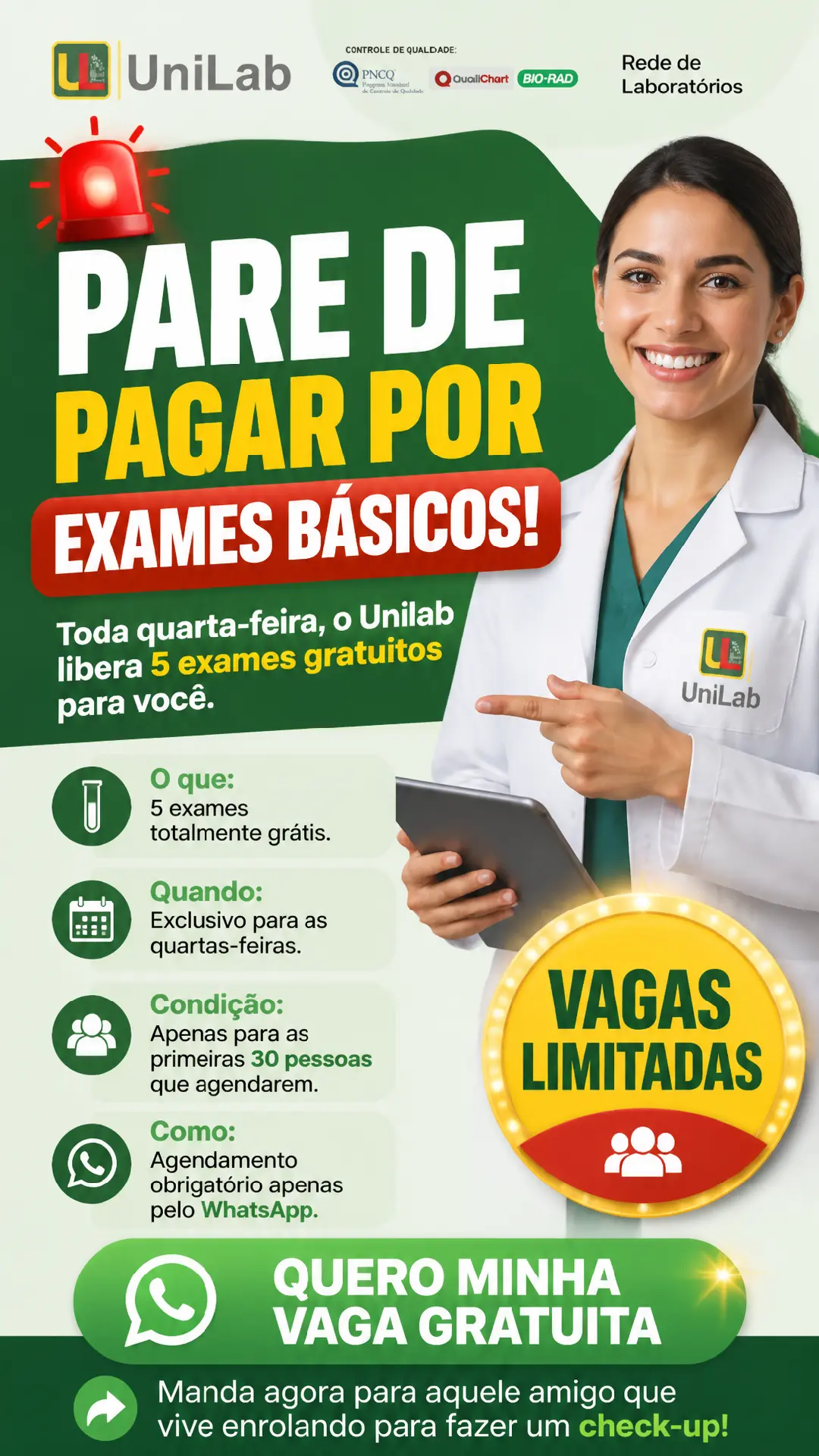 Quarta-feira Solidária: 5 exames gratuitos, vagas limitadas