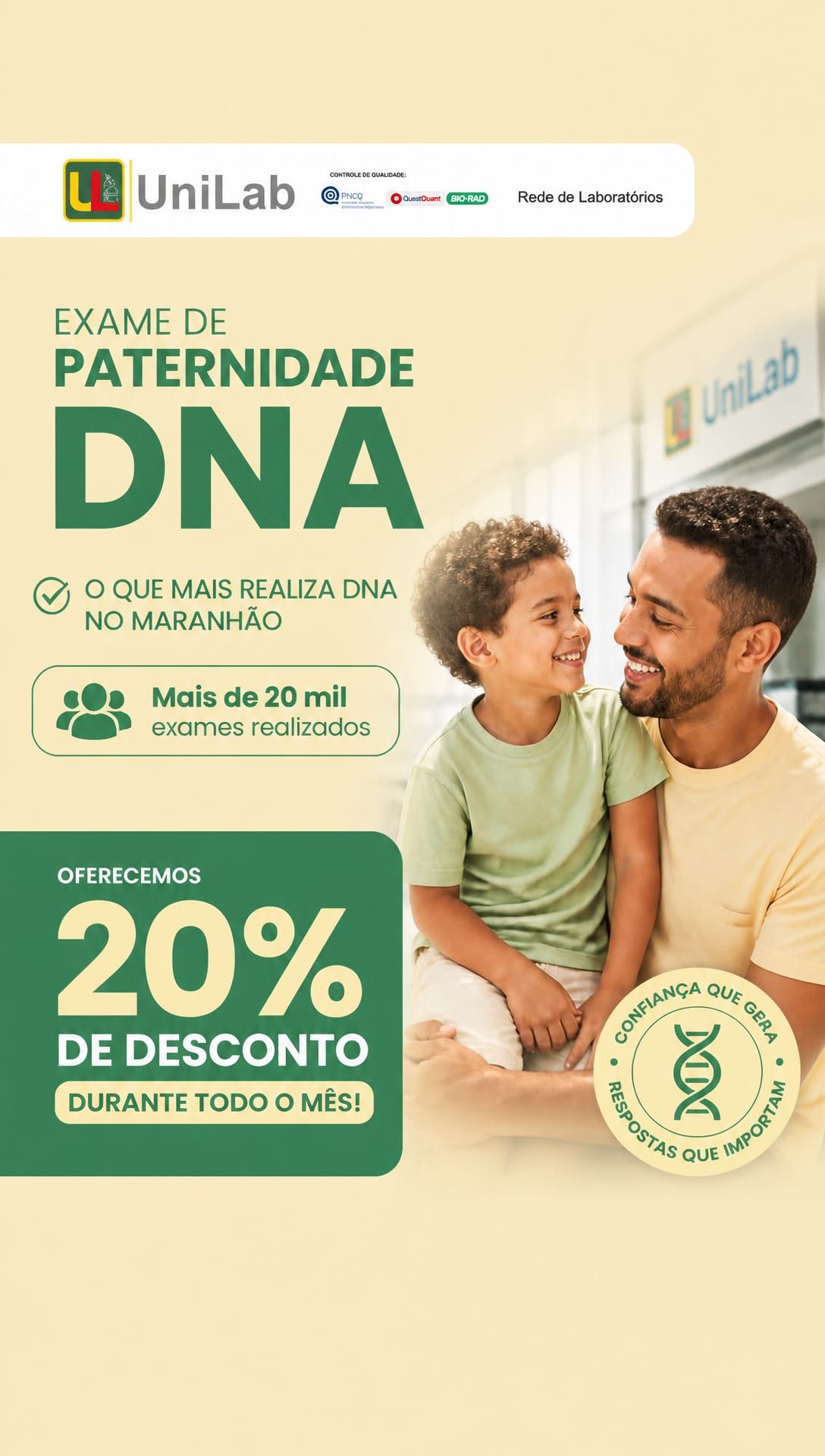 Exame de paternidade DNA com 20% de desconto durante todo o mês