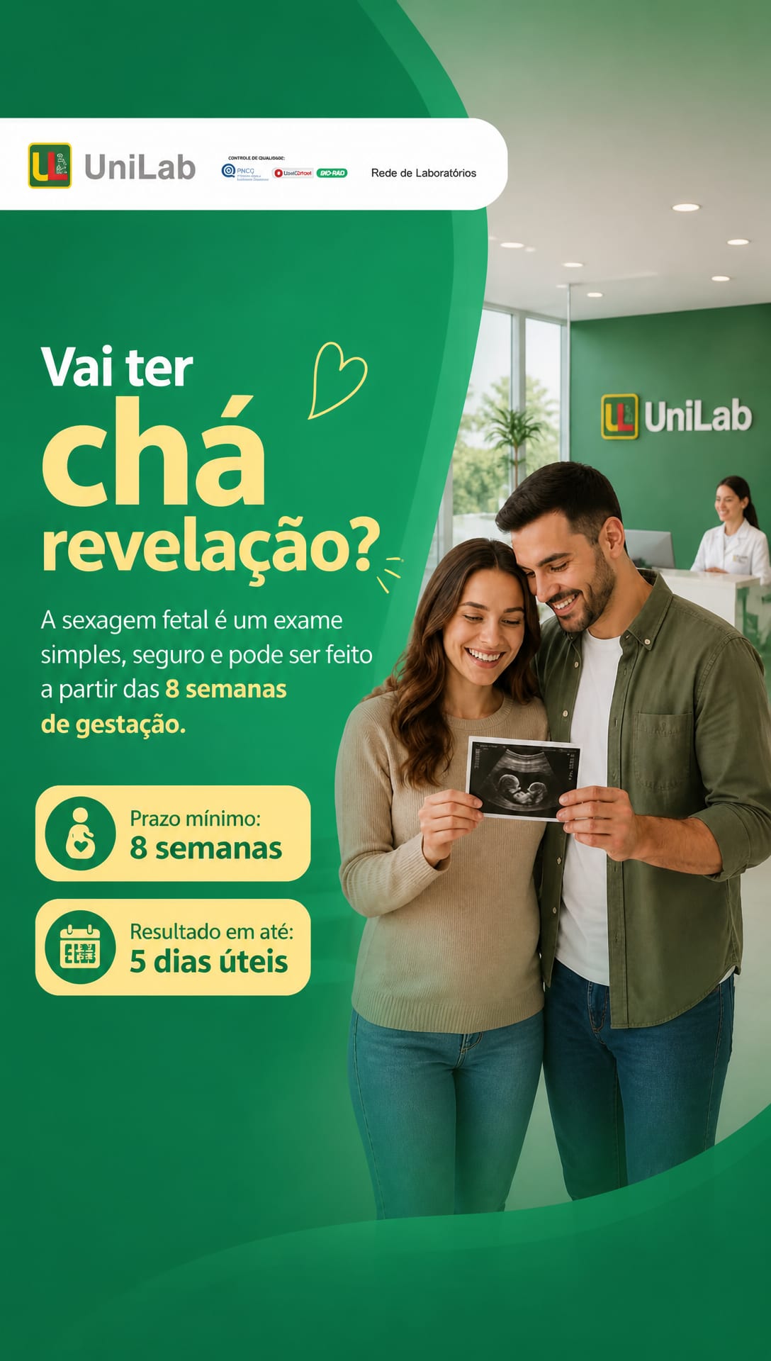 Sexagem fetal: a partir de 8 semanas de gestação, resultado em até 5 dias úteis